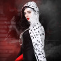 Charmofun 7 Pièces Cruella Deguisement Femme, Déguisement Cruella avec Perruque Cape Noire et Blanche, Deguisement Halloween Fem