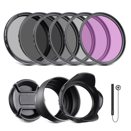 NEEWER Filtre UV CPL FLD 52 mm ND2 ND4 ND8 et kit d'accessoires pour objectif avec capuchon d'objectif à clipser, pare-soleil en