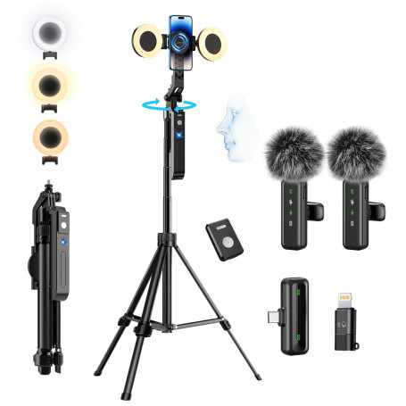 yAyusi Vlogging Kit pour iPhone/Andriod, Kit Youtuber Complet avec Automatique Trépied Smartphone de Suivi du Visage Rotation à 