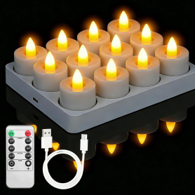 12 Bougies Chauffe-plat LED Rechargeables avec Télécommande & Minuterie, Flamme Vacillante ou Lumière Continue, Bougies LED Élec