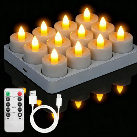 12 Bougies Chauffe-plat LED Rechargeables avec Télécommande & Minuterie, Flamme Vacillante ou Lumière Continue, Bougies LED Élec