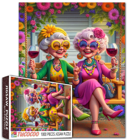 Swing Vieille Femme Jigsaw Puzzle 1000 pièce pour Adultes Amis fête Verres de vin Fleurs en Fleur Puzzle Impossible Dur Difficil