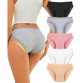 ALL OF SHE Culotte Femme Coton Dentelle, Douce Confortable Respirante, Slip Bikini Taille Basse, sous-Vêtements,Lot de 5, Tissu 