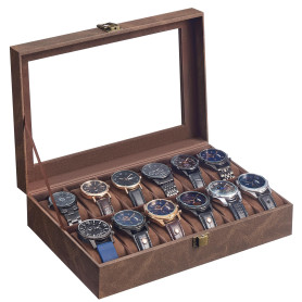 SONGMICS Boîte à Montres à 12 Emplacements, Coffret à Montres, Écrin, Couvercle en Verre, Coussinets Amovibles, Serrure en Métal