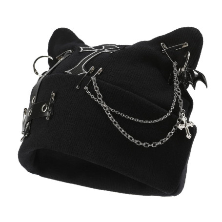 Calkkrer Bonnet en Tricot Noir avec Oreilles de Chat Style Goth, Beanie Grunge pour Femmes Look Y2K, Accessoire Streetwear pour 