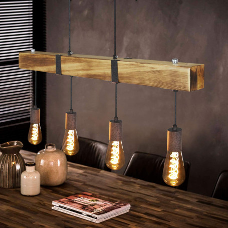 GBLY suspension vintage lampe de table à manger en bois rétro avec poutres en bois 80CM, 4 x E27 max. 25 watts, Suspension indus