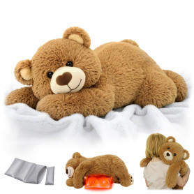 Mewaii Peluche Lestée Ours Brun avec Coussin Chauffant Micro-Ondes - Peluche Pesant 2,3KG, Réglable, Chauffable et Refroidissabl