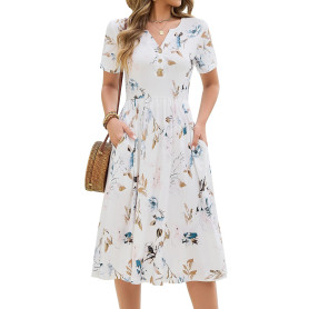 CMTOP Robe Femme Ete Chic et Elegant Col en V Fleurie Robe Mi Longue Décontractée Manches Courtes Boutons Genou Légère Robe Styl