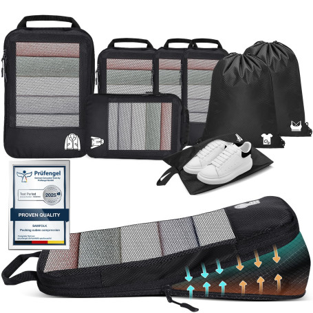 Sac Compression Voyage Organisateur Valise 8 Pièces, Packing Cubes Compression Rangement Valise Voyage Accessoires Noir