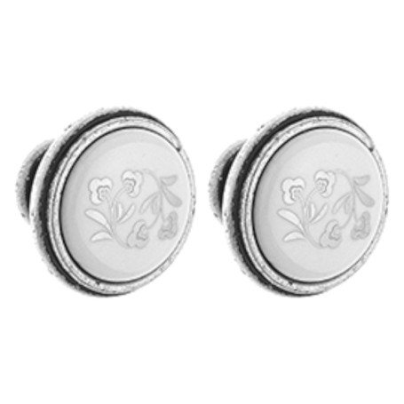 Lot de 2 Boutons de Tiroir Vintage en Nickel et Porcelaine Fleurie