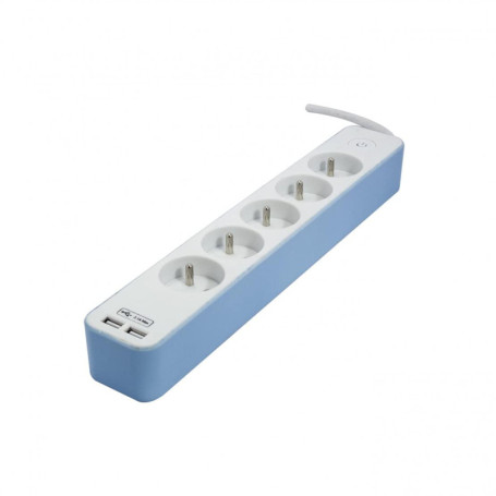 Multiprise Chacon 5 Prises avec 2 Ports USB - 1,5 m - Blanc/Bleu
