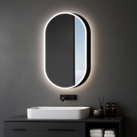 Armoire de Toilette Lumineuse Talos Oval 45x80 cm Noir avec Miroir