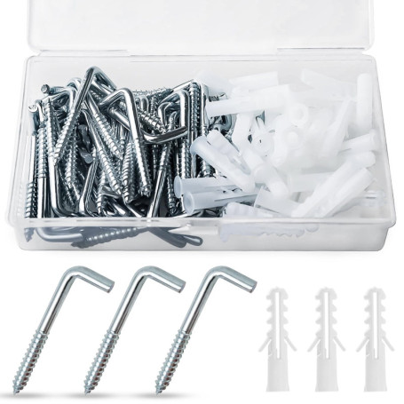 Kit de 50 Crochets à Vis en L avec Chevilles pour Murs et Bois - Résistants et Galvanisés