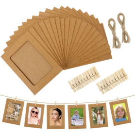 Ensemble de 20 Cadres Photo DIY en Papier Kraft avec Pinces en Bois