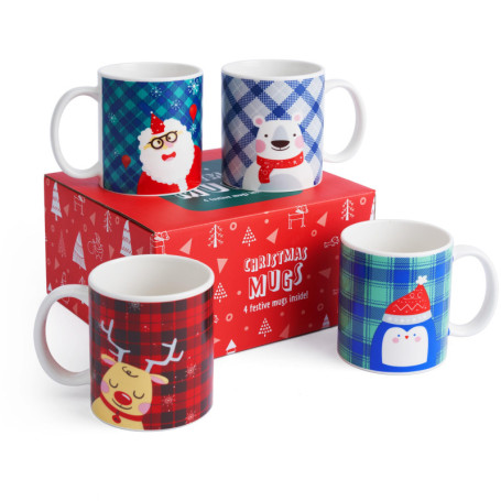 Set de 4 Mugs de Noël avec Coffret Cadeau - Tasses Festives pour Chocolat Chaud
