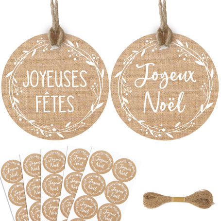 50 Étiquettes Cadeaux Ronde Joyeux Noël avec Ficelle - Décoration Festive