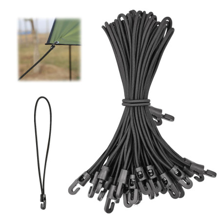 Lot de 16 Tendeurs Élastiques Noirs avec Crochets pour Camping et Bâches