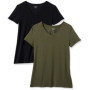 Lot de 2 T-Shirts Col en V Femme - Vert Olive et Noir