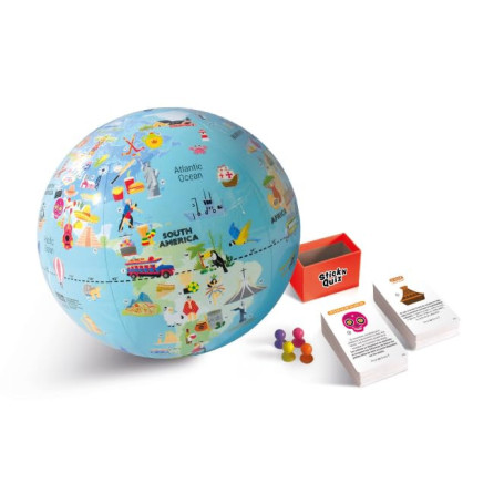 Caly Globe Gonflable avec Jeux Road Trip Stick’N Quiz - 30 cm, Bleu Océan