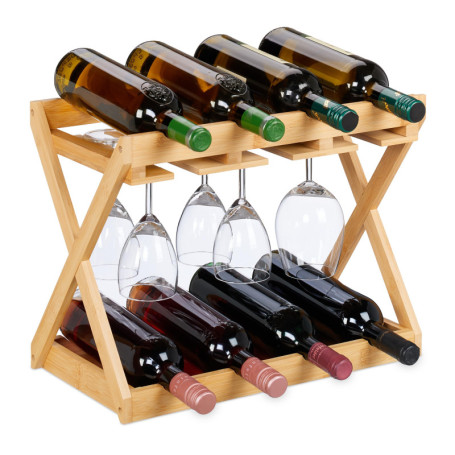 Casier à Vin en Bambou avec Porte-Verres - 8 Bouteilles & 6 Verres