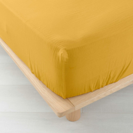 Drap Housse en Gaze de Coton Angelia Jaune - 160 x 200 cm