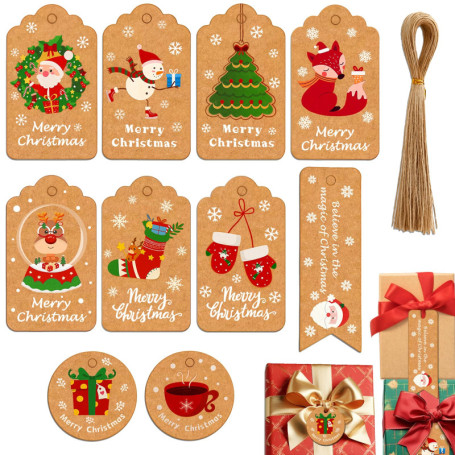 Lot de 50 Étiquettes de Noël en Papier Kraft avec Cordes de Chanvre