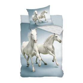 Parure de Lit Chevaux Blancs en Coton 140x200 cm avec Taie d'Oreiller