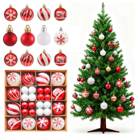 Ensemble de 44 Boules de Noël Blanc et Rouge pour Décoration de Sapin