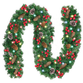 Guirlande de Noël pré-éclairée avec fleurs et boules rouges