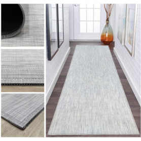 Tapis Long en Vinyle Tressé Ivoire Argent Antidérapant pour Couloir et Cuisine
