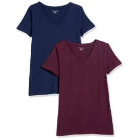 Lot de 2 T-Shirts Col en V Femme - Bordeaux et Bleu Marine