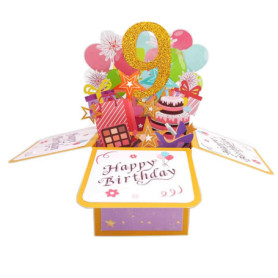 Carte pop-up d'anniversaire 3D pour fille - 9 ans