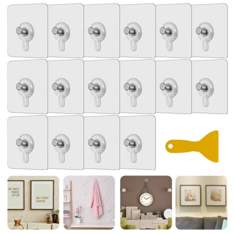 16 Crochets Auto-adhésifs Transparents pour Accrochage Sans Perçage