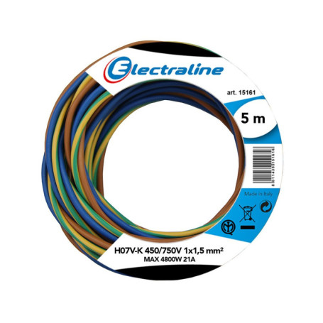 Couronne de Câble Electraline H07 V-K 3X1,5mm - 5M Noir/Bleu/Jaune-Vert