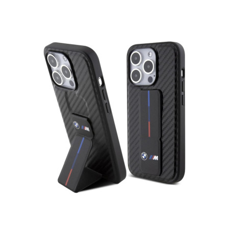 Coque CG MOBILE BMW pour iPhone 15 Pro - Noir avec Béquille et Design Carbone