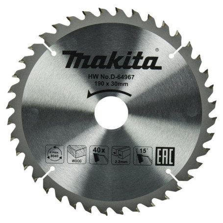 Lame de Scie Circulaire Makita D-64967 pour Bois - 190 mm, 40 Dents