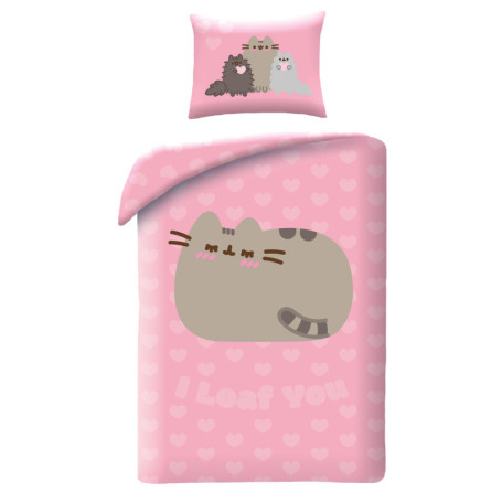 Parure de Lit PUSHEEN le Chat - Housse de Couette et Taie en Microfibre Rose