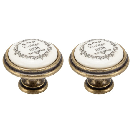 Lot de 2 Boutons de Tiroir Vintage en Laiton et Porcelaine 35 mm
