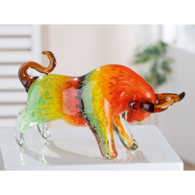 Figurine Taureau en Verre Multicolore - Sculpture Décorative Artisanale