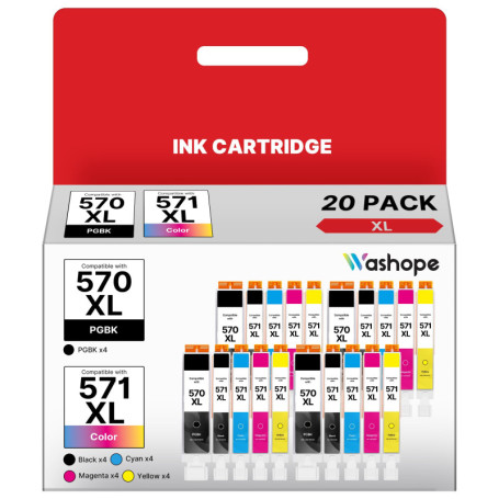 Pack de 20 Cartouches d'Encre Washope pour Canon 570XL 571XL - Noir, Cyan, Magenta, Jaune