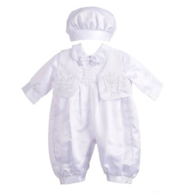 Barboteuse Satinée pour Baptême Bébé Fille Garçon avec Gilet et Bonnet - Blanc 12-18 Mois