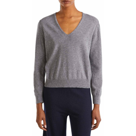 Pull col V en laine gris pour femme - United Colors of Benetton