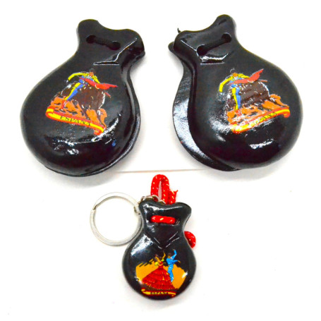 Castagnettes en Bois Noir avec Porte-Clés Flamant Rose pour Adultes