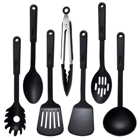 Ensemble d'Ustensiles de Cuisine 7 Pièces en Nylon Résistant à la Chaleur - Noir