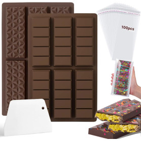 2 Pièces Moule à Chocolat en Silicone, Moule Silicone de 6 Cavités+1 Scraper+100 Sac d'emballage, Moule Tablette Chocolat Dubai 