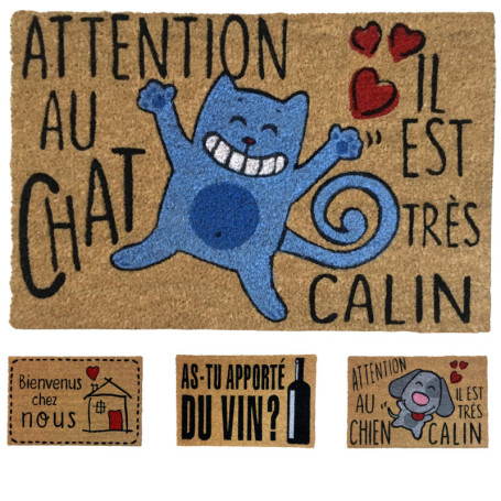Paillasson Coco Antidérapant 'Attention au Chat' - Tapis d'Entrée Durable 40x60 cm