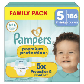 Couches Pampers Premium Protection Taille 5 - 186 unités pour bébés de 11kg à 16kg