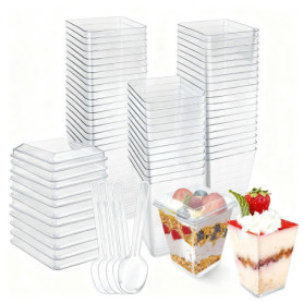 Primasage Set de 50 Gobelets Plastiques avec Couvercles et Cuillères - 160ml