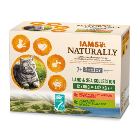 IAMS Naturally Nourriture Humide pour Chats Seniors - 12 Sachets en Sauce Terre et Mer