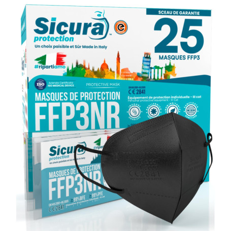 Masques Chirurgicaux FFP3 Noir - 25 Pièces Certifiés CE Fabrication Italienne